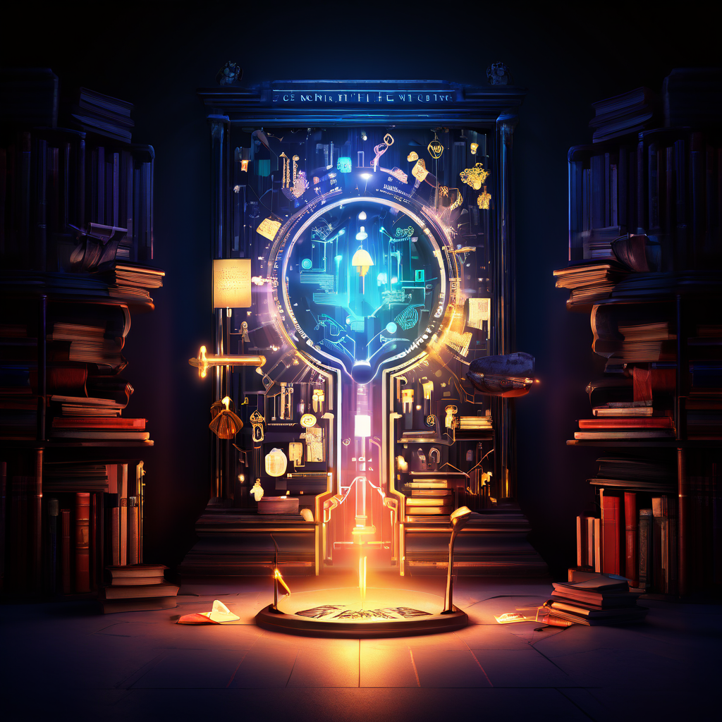 빛나는 콘텐츠 키가 책과 인포그래픽으로 쌓인 신뢰의 금고를 열고 관객에게 정보를 전달하는 모습입니다.