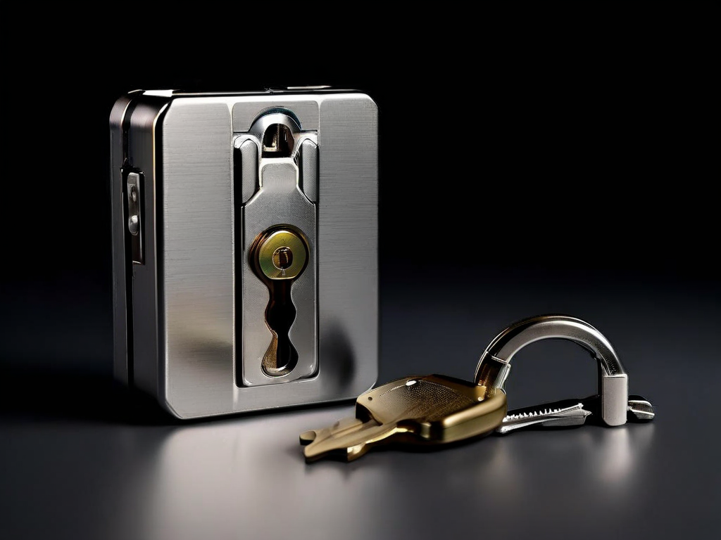 Small metal lock, closed key case, and blank security card on a matte gray studio surface with soft side light and clean shadow.