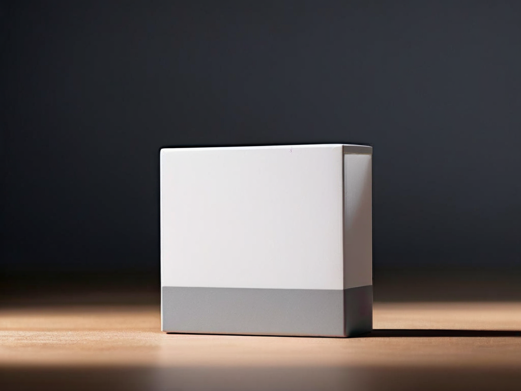 A note card rests on a block beside a bright location marker on a gray surface, illuminated by soft side light.