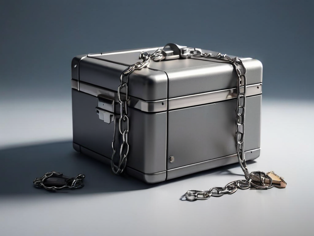 Metal storage case with chain and small blocks representing linked file locations on a gray surface.