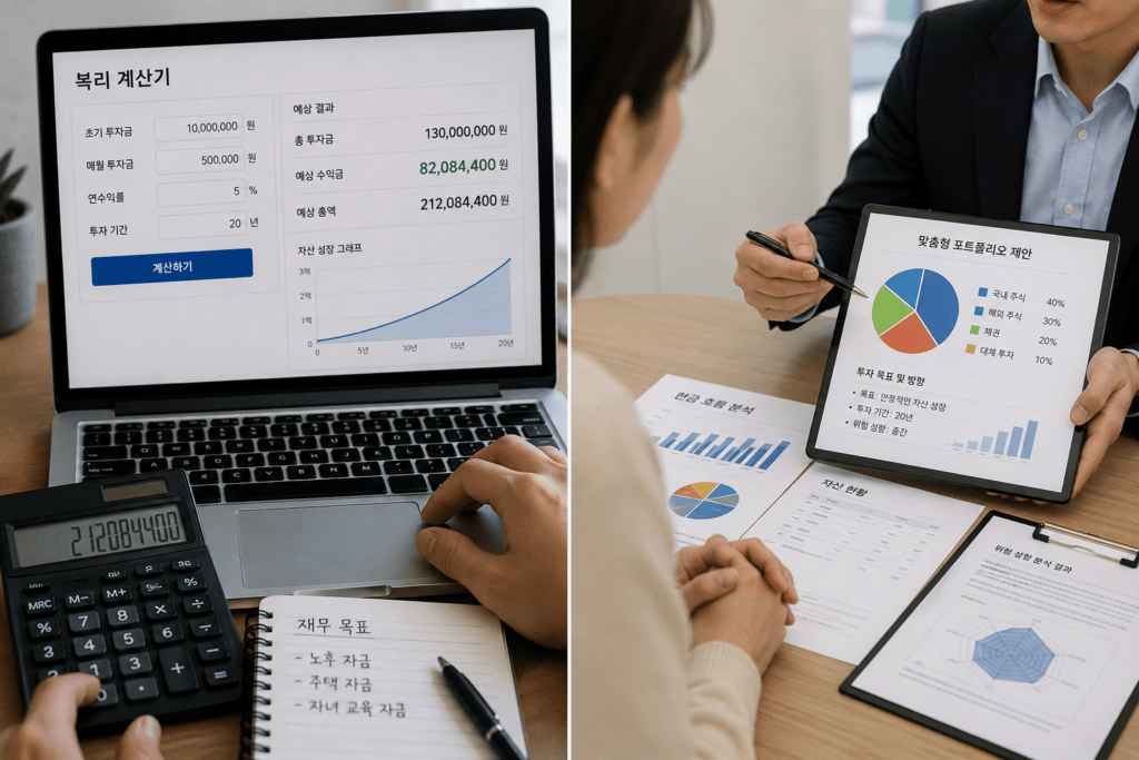Side-by-side comparison of a compound-interest calculator and a financial adviser presenting a customized portfolio, illustrating financial education versus personalized investment advice.