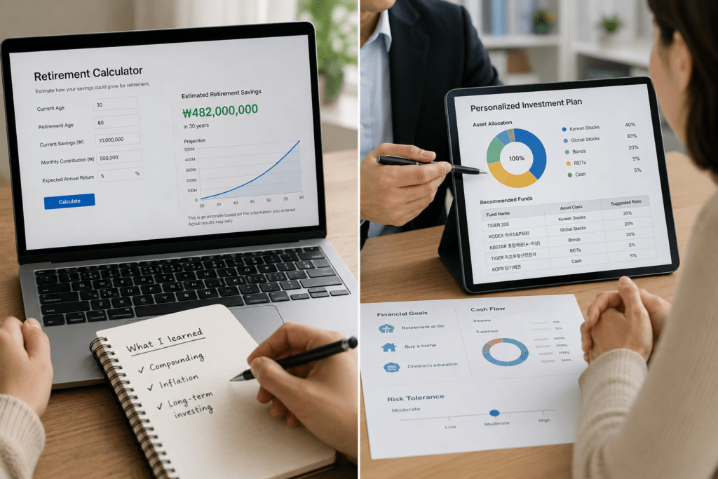 Retirement calculator showing a general savings estimate beside a personalized investment plan with asset allocation and fund recommendations.
