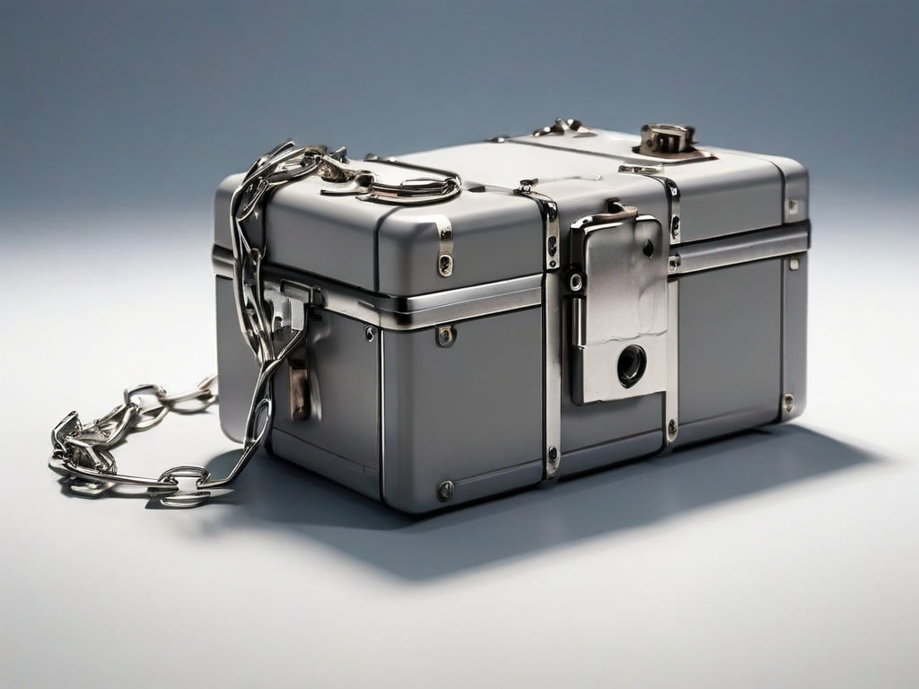 Metal chain binding a sealed storage case to small labeled location blocks on a studio surface.
