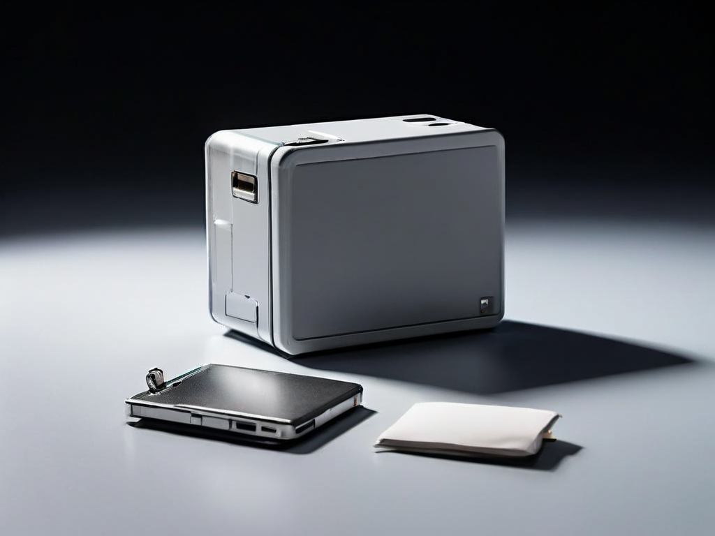 A memory card, sealed external drive, and blank photo sleeve on a gray surface, representing a saved image archive.