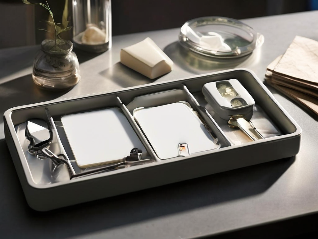 Compartment tray with blank action cards and lock symbols on stone counter.